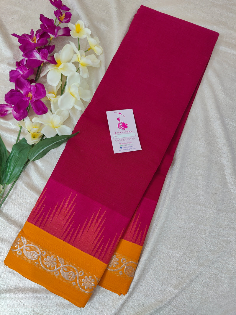 Thalampoo Korvai Cotton  - Dark Pink with Mustard Yellow