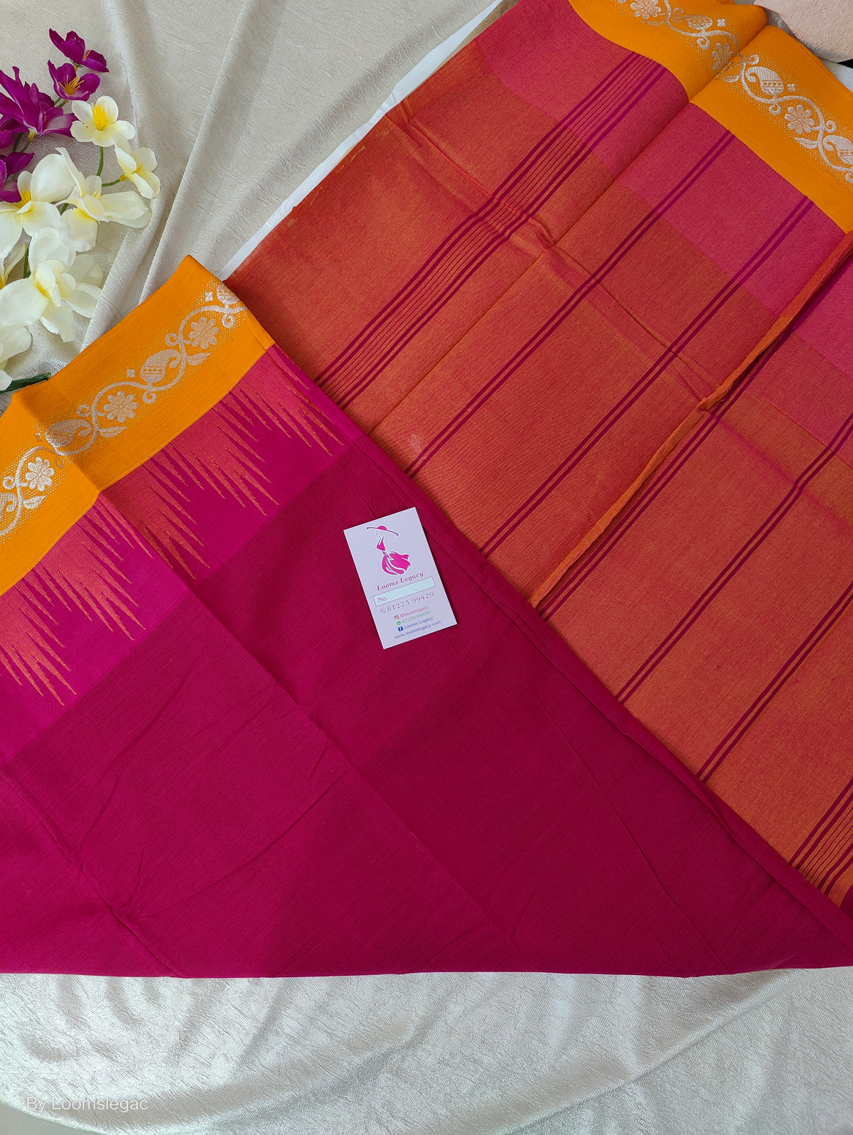 Thalampoo Korvai Cotton  - Dark Pink with Mustard Yellow