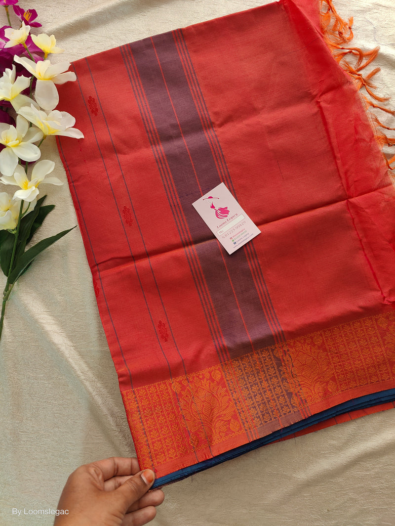 Dark Blue with Reddish Orange  Pallu Chinnalampattu Border Saree