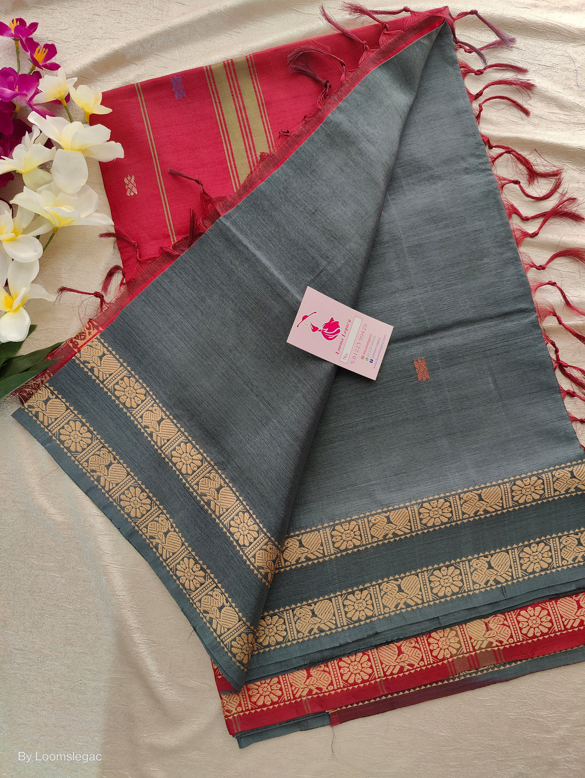 Grey with Maroon Pallu Chinnalampattu Border Saree