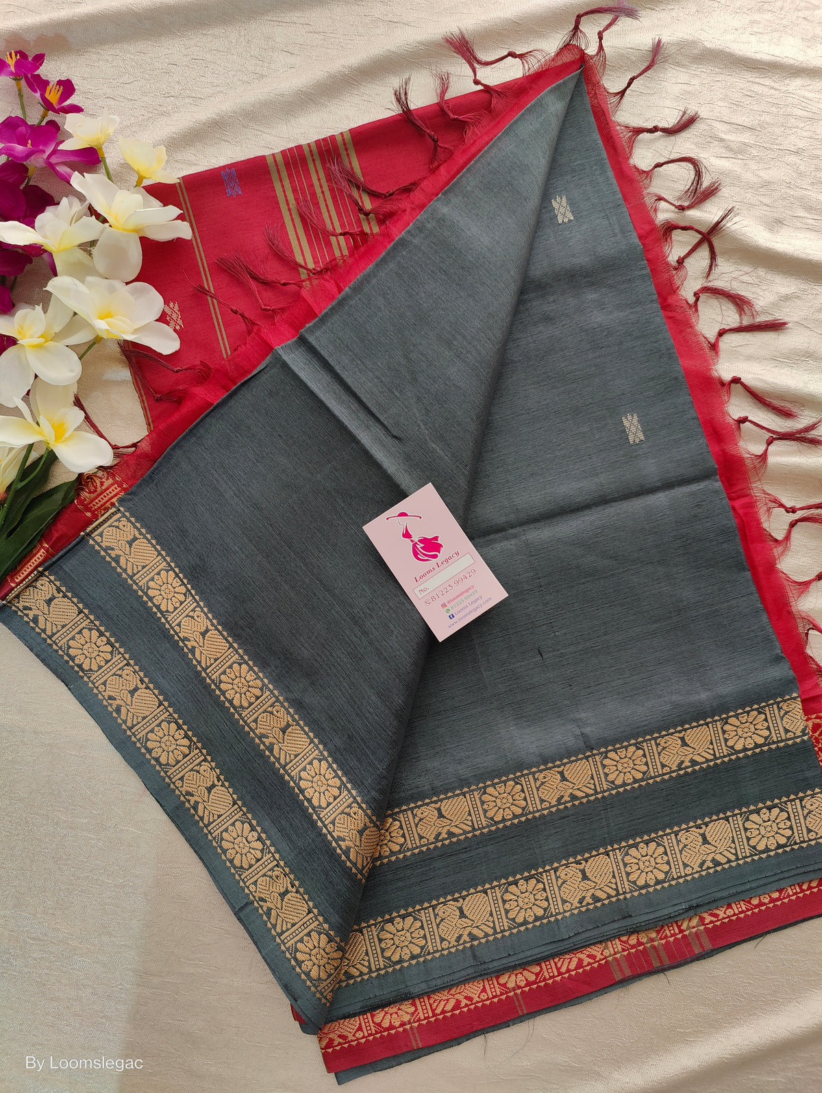 Grey with Maroon Pallu Chinnalampattu Border Saree