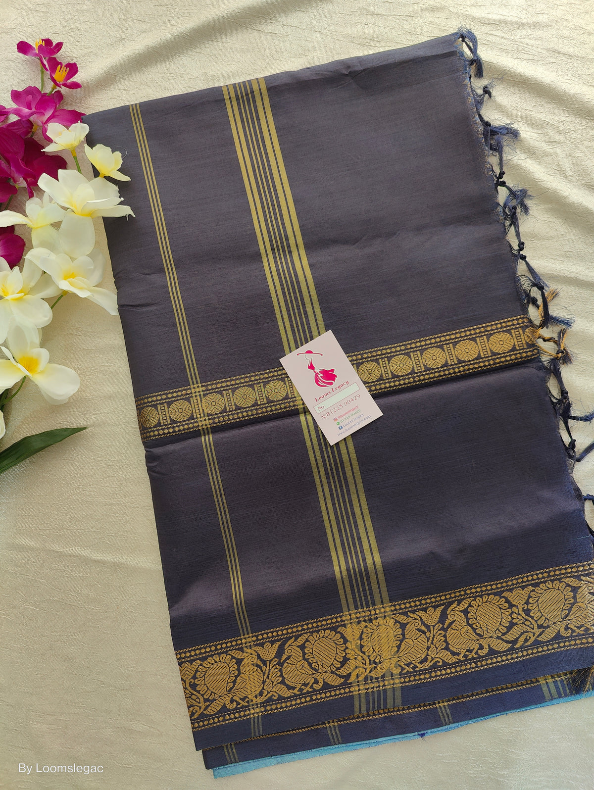 Lavender with Dark Purple cum Brown Pallu Gold Zari Woven Peacock Pattern Chinnalampattu Border Saree