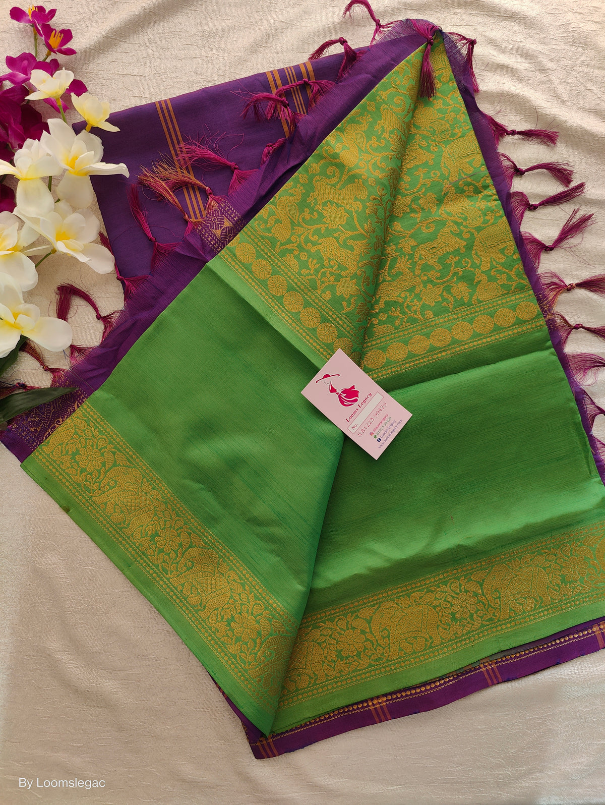 Green with Purple Pallu Gold Zari Woven Peacock Pattern Chinnalampattu Border Saree