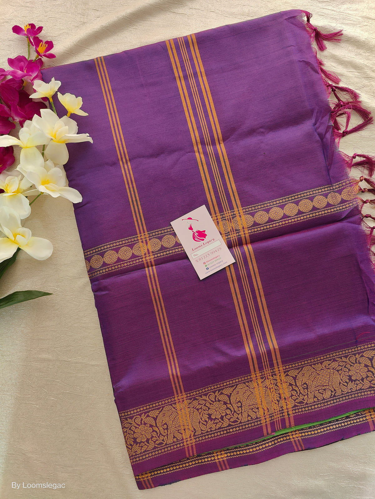 Green with Purple Pallu Gold Zari Woven Peacock Pattern Chinnalampattu Border Saree