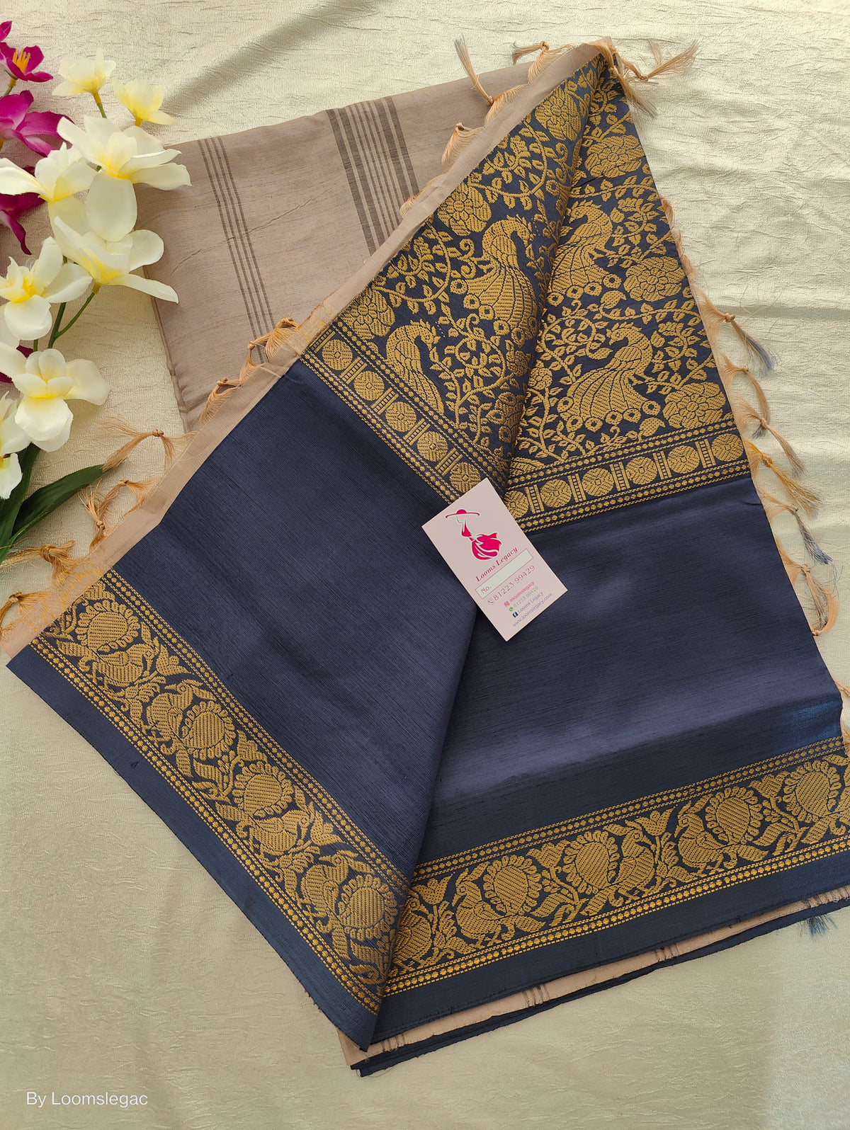 Navy Blue with Cream Pallu Gold Zari Woven Peacock Pattern Chinnalampattu Border Saree