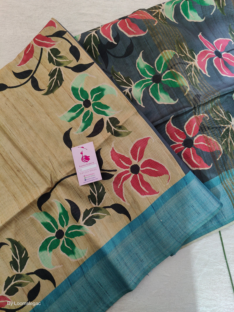 Semi Ghicha Pastel Yellow Shade with Grey Kalamkari Printed Saree