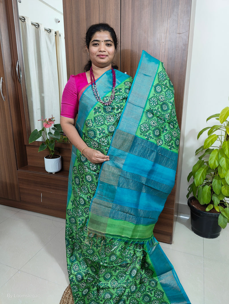 Green with Blue Floral Print Pure Handwoven Tussar Silk Saree with Zari Border