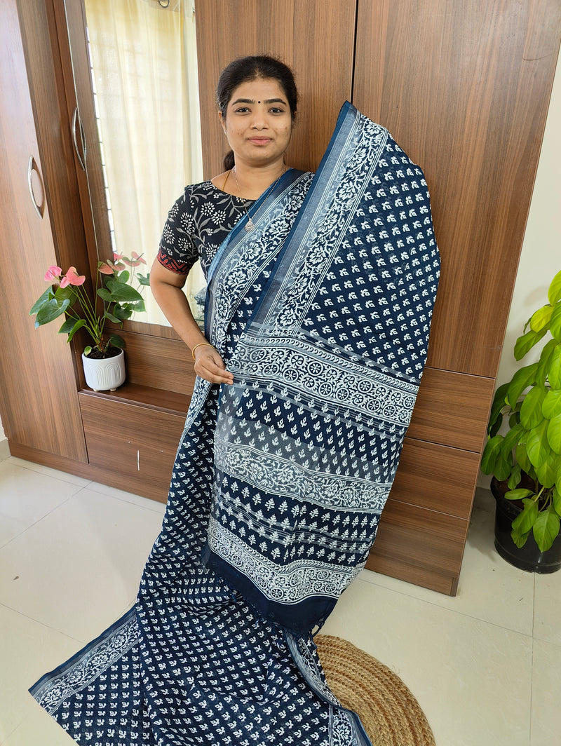 Linen Cotton with Digital Printed Sarees -  Blue