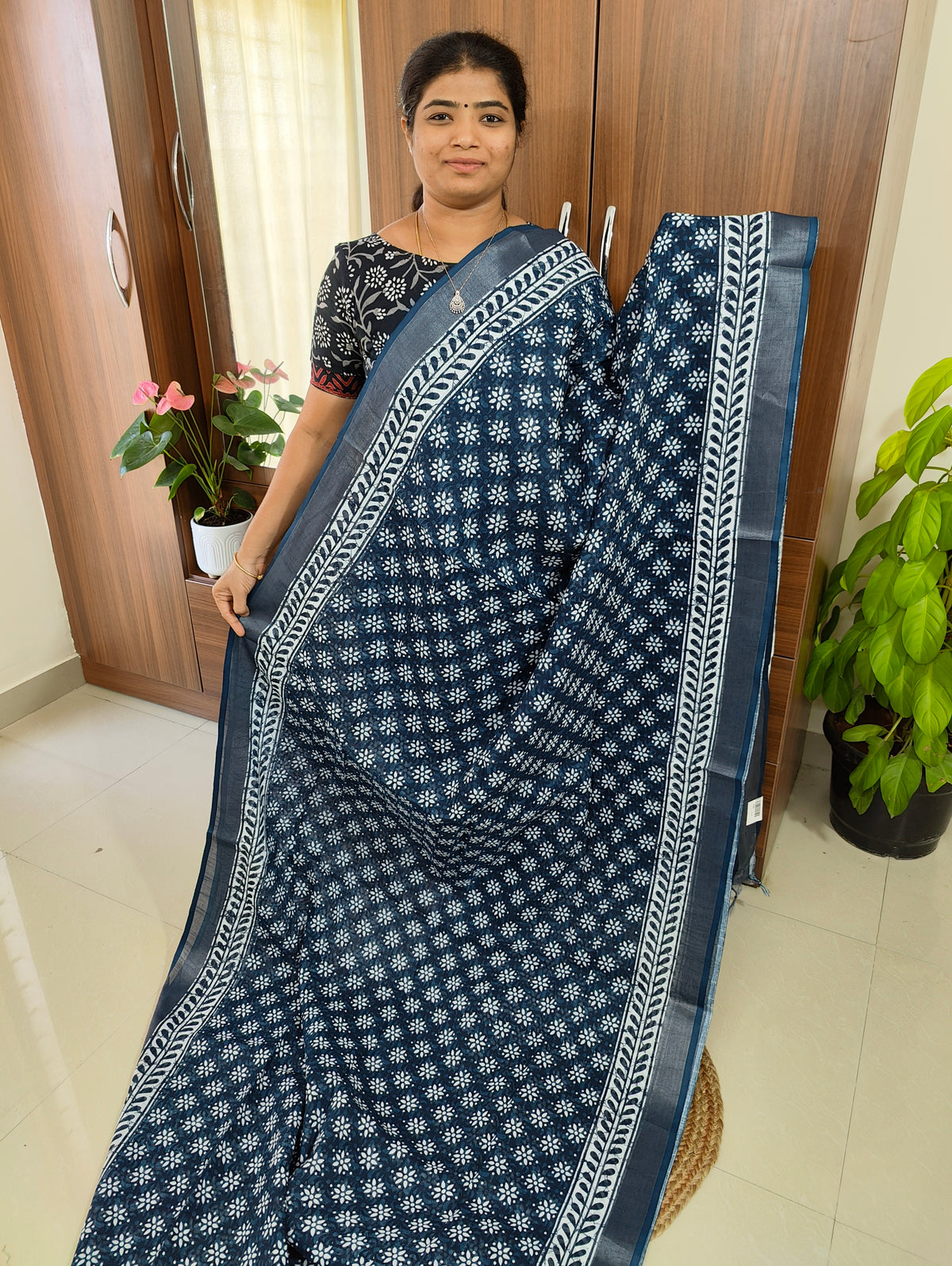 Linen Cotton with Digital Printed Sarees -  Blue