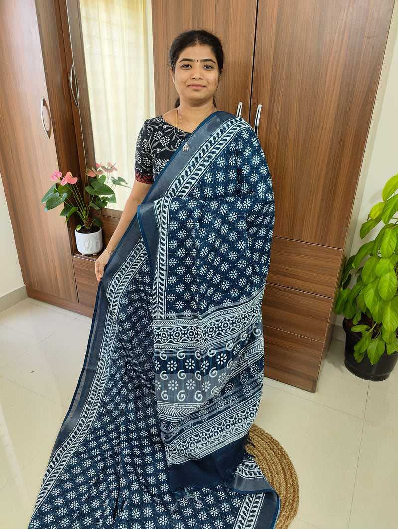 Linen Cotton with Digital Printed Sarees -  Blue