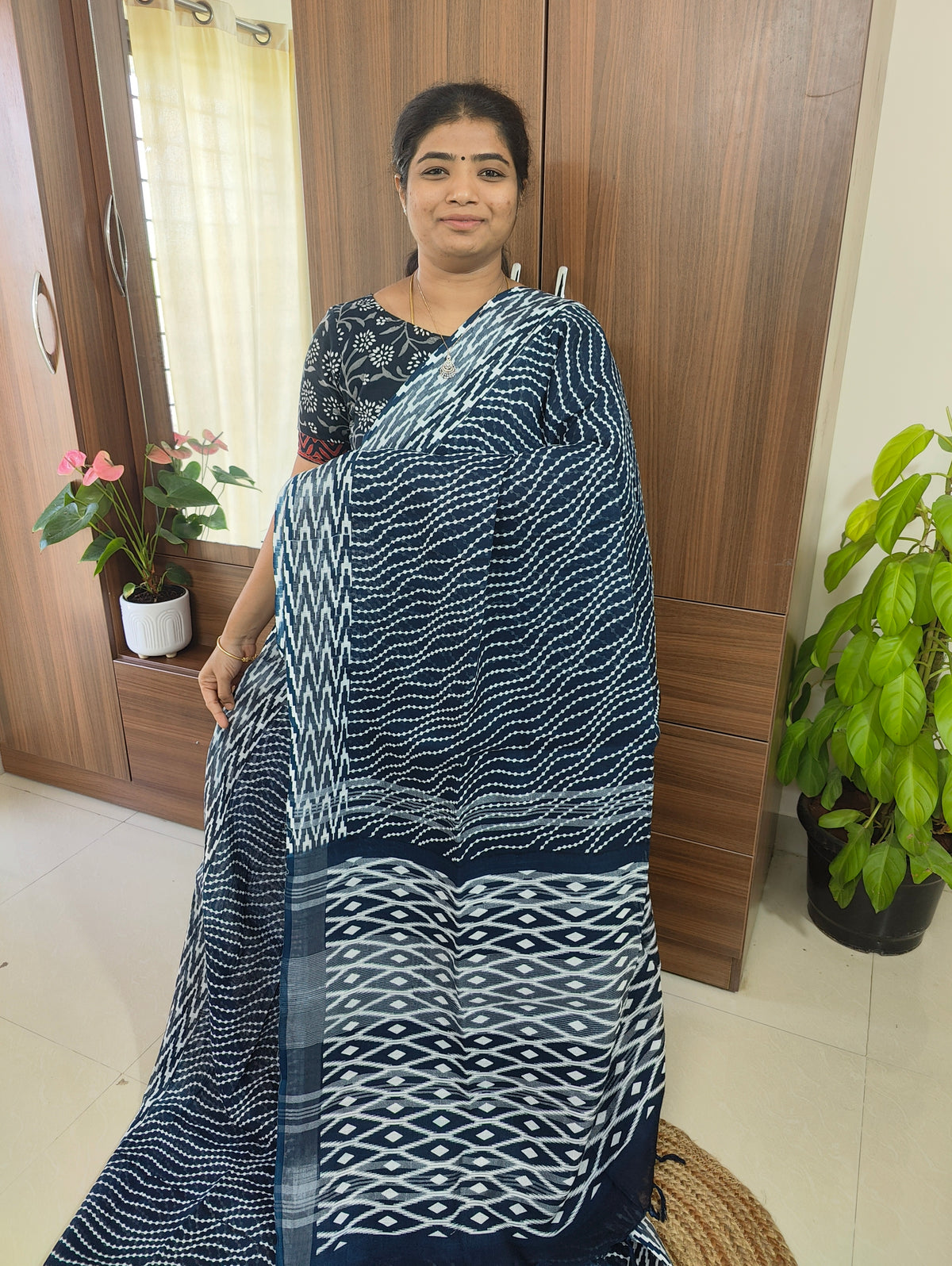 Linen Cotton with Digital Printed Sarees -  Blue