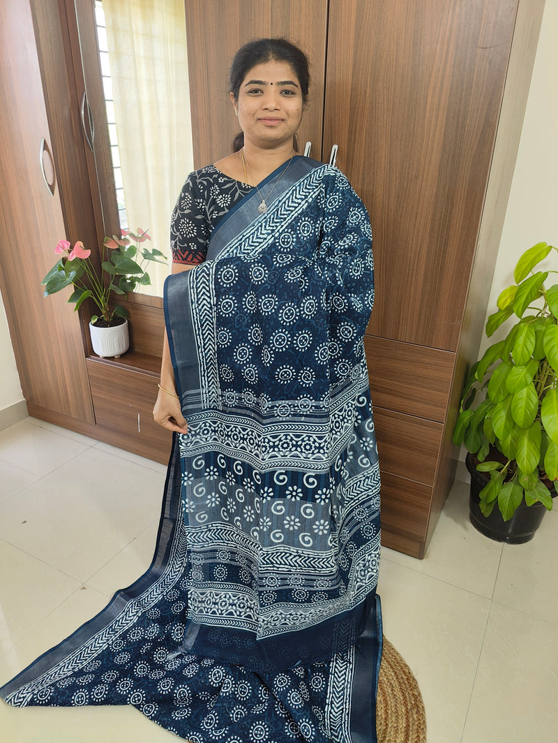 Linen Cotton with Digital Printed Sarees -   Blue