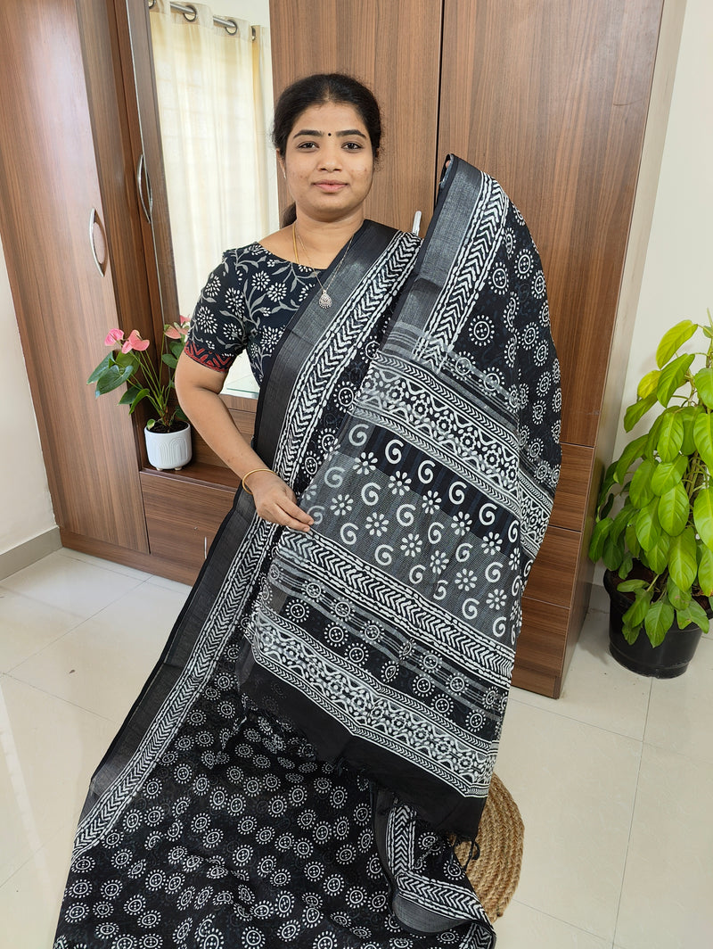 Linen Cotton with Digital Printed Sarees -  Black