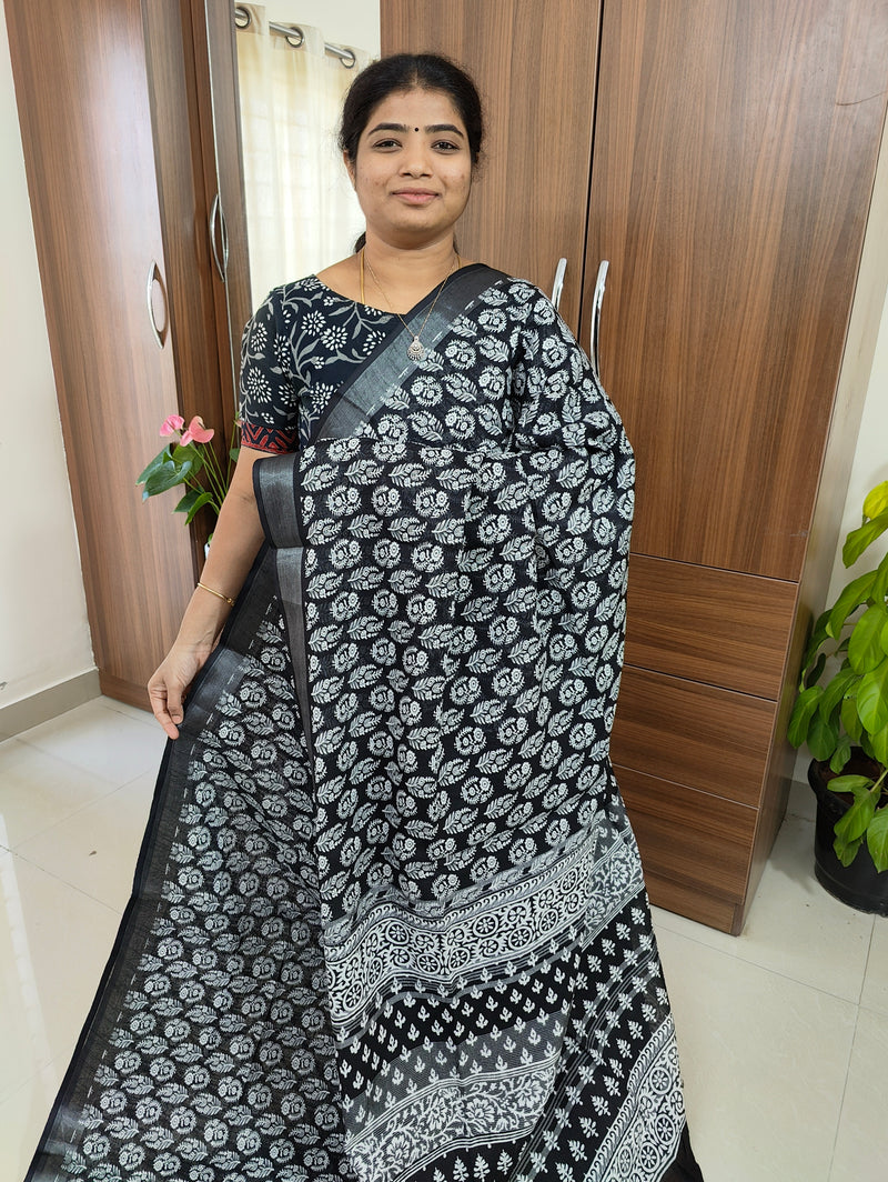 Linen Cotton with Digital Printed Sarees -  Black