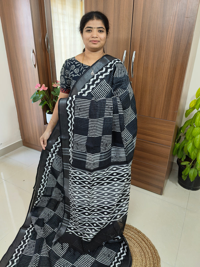 Linen Cotton with Digital Printed Sarees -  Black