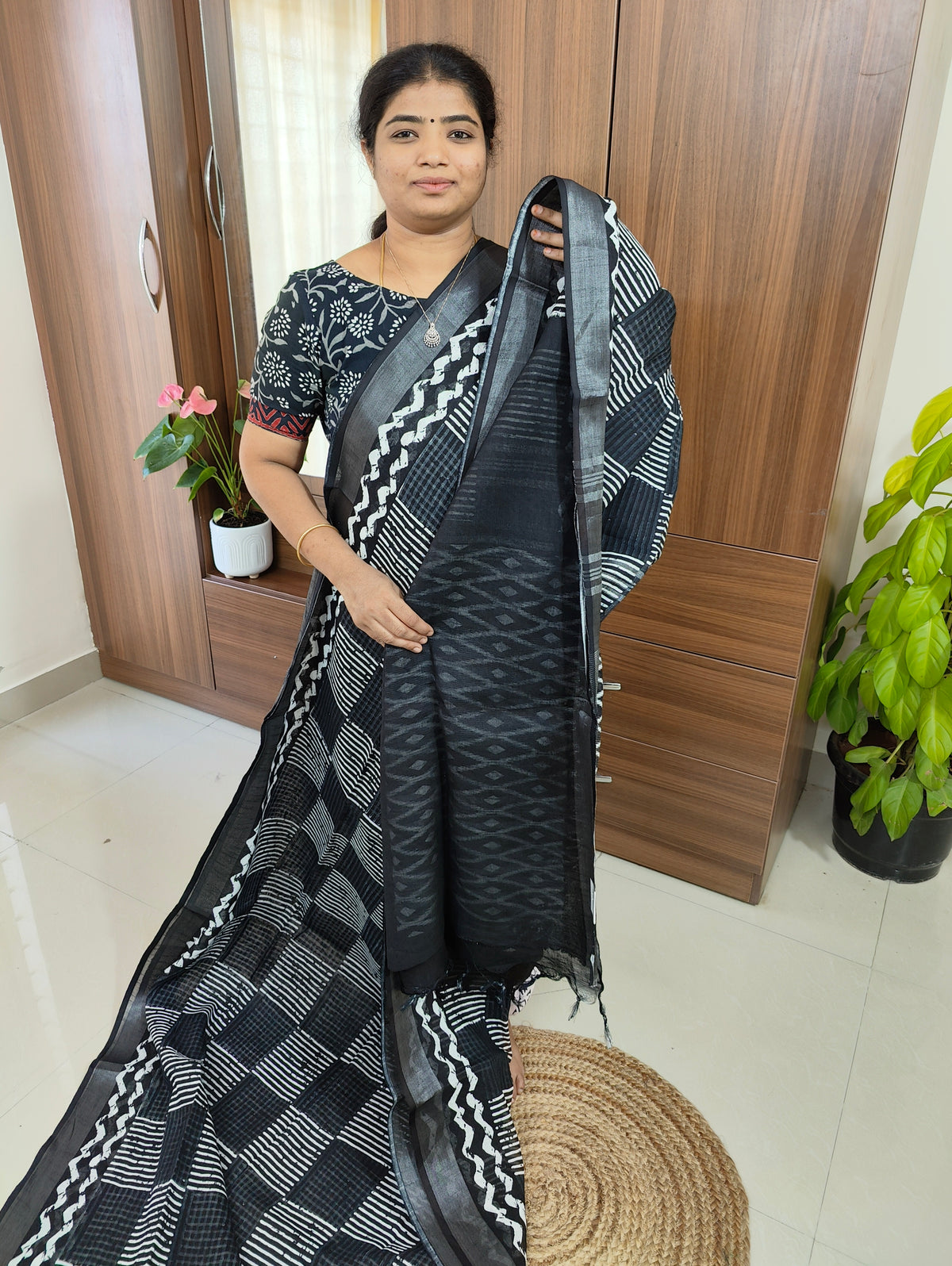 Linen Cotton with Digital Printed Sarees -  Black