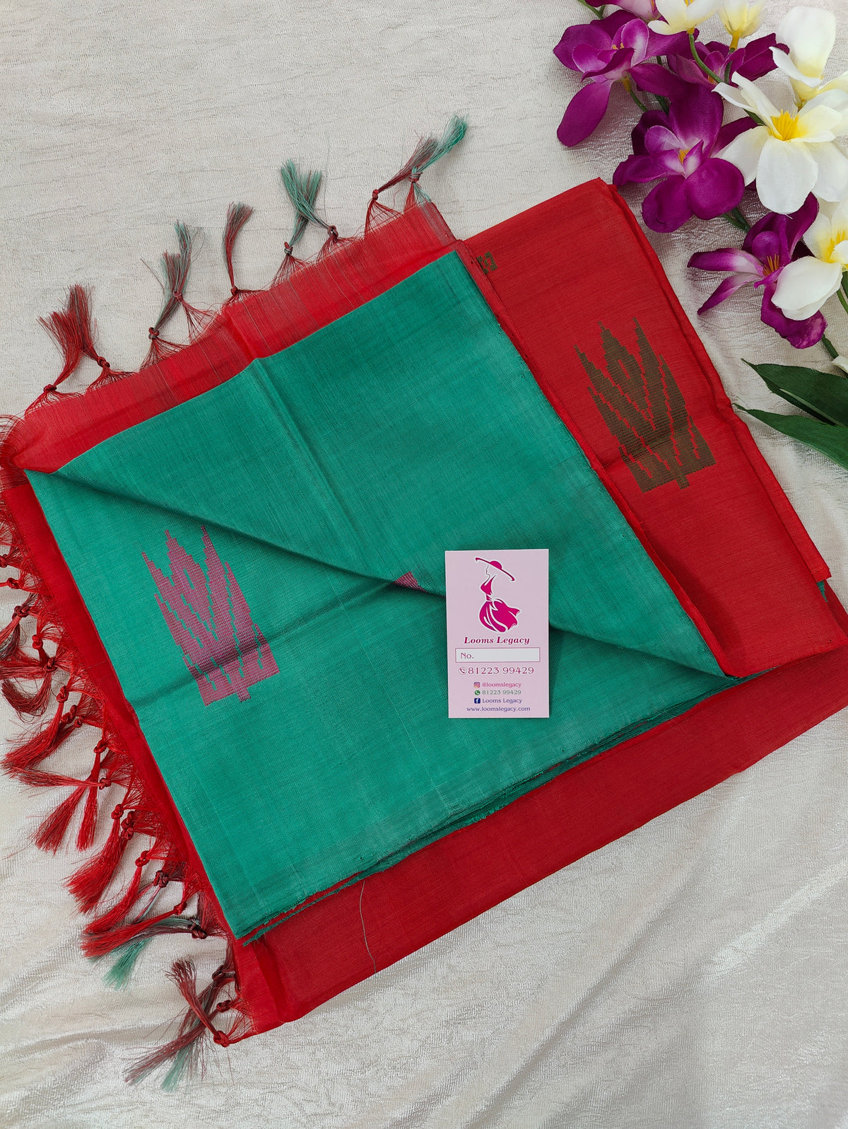 Sea Green with Reddish Orange Pallu Handwoven Chinnalampattu Saree