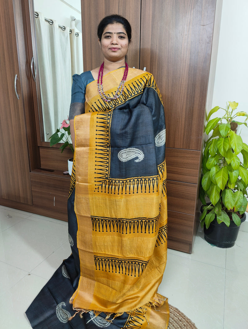 Black with Yellow Pure Handwoven Tussar Silk Saree with Zari Border