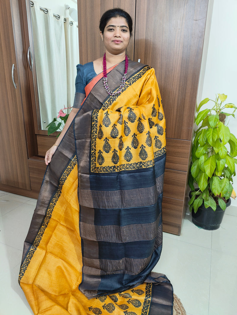 Yellow with Black Pure Handwoven Tussar Silk Saree with Zari Border