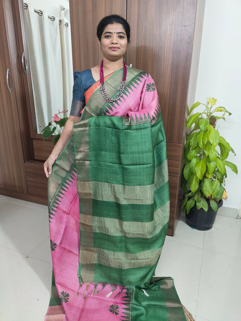 Pink with Green Floral Print Pure Handwoven Tussar Silk Saree with Zari Border