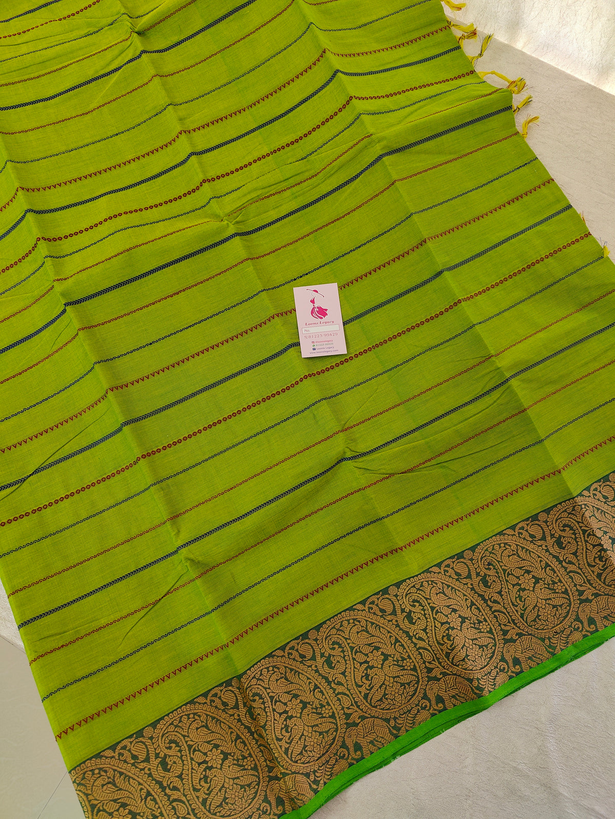 Parrot Green with Velthari Pattern  Kanchi Cotton