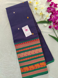 Navy Blue with Green Long Border Kanchi Cotton