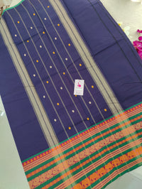 Navy Blue with Green Long Border Kanchi Cotton