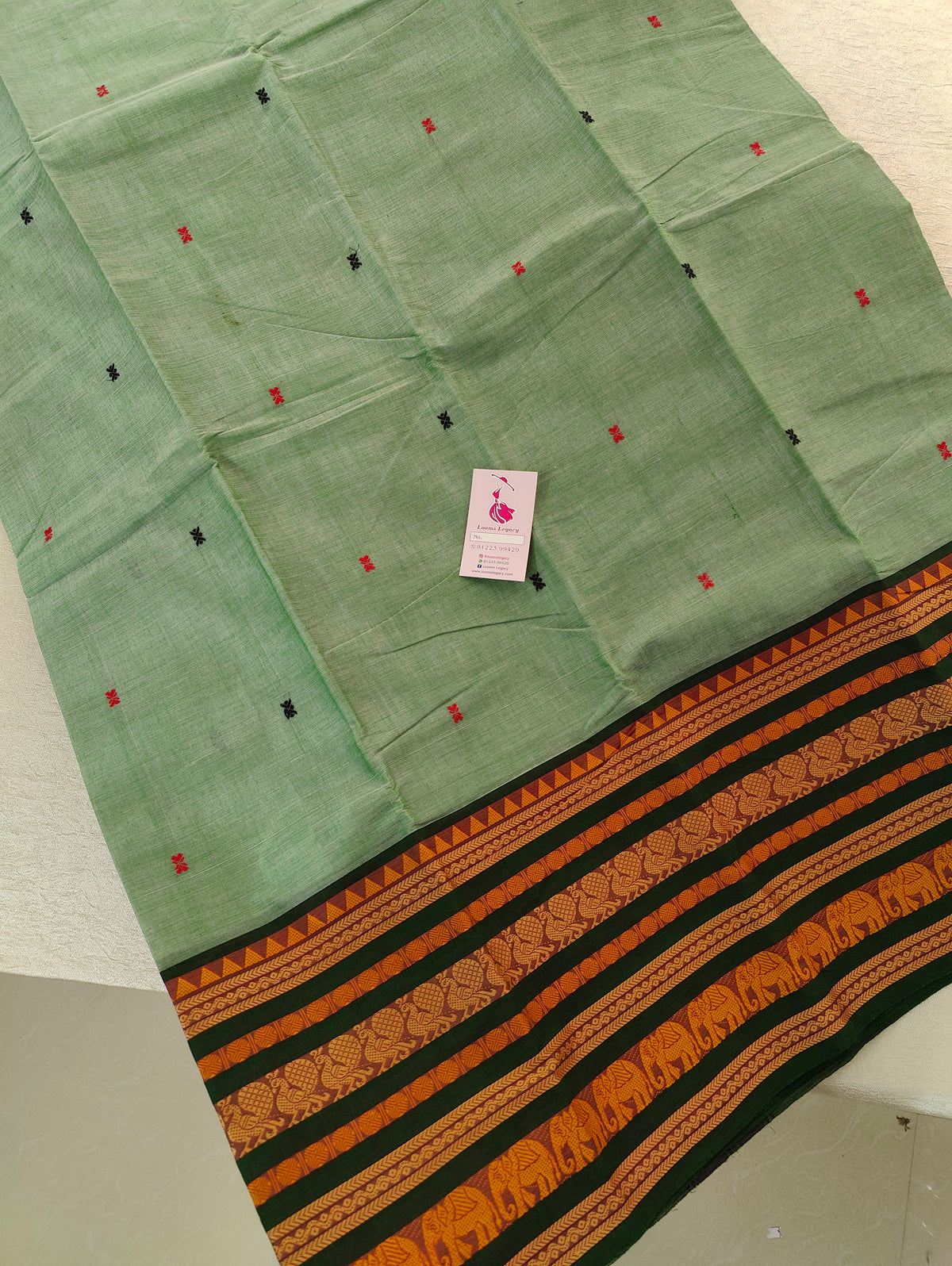 Lil Green with Dark Green Long Border Kanchi Cotton