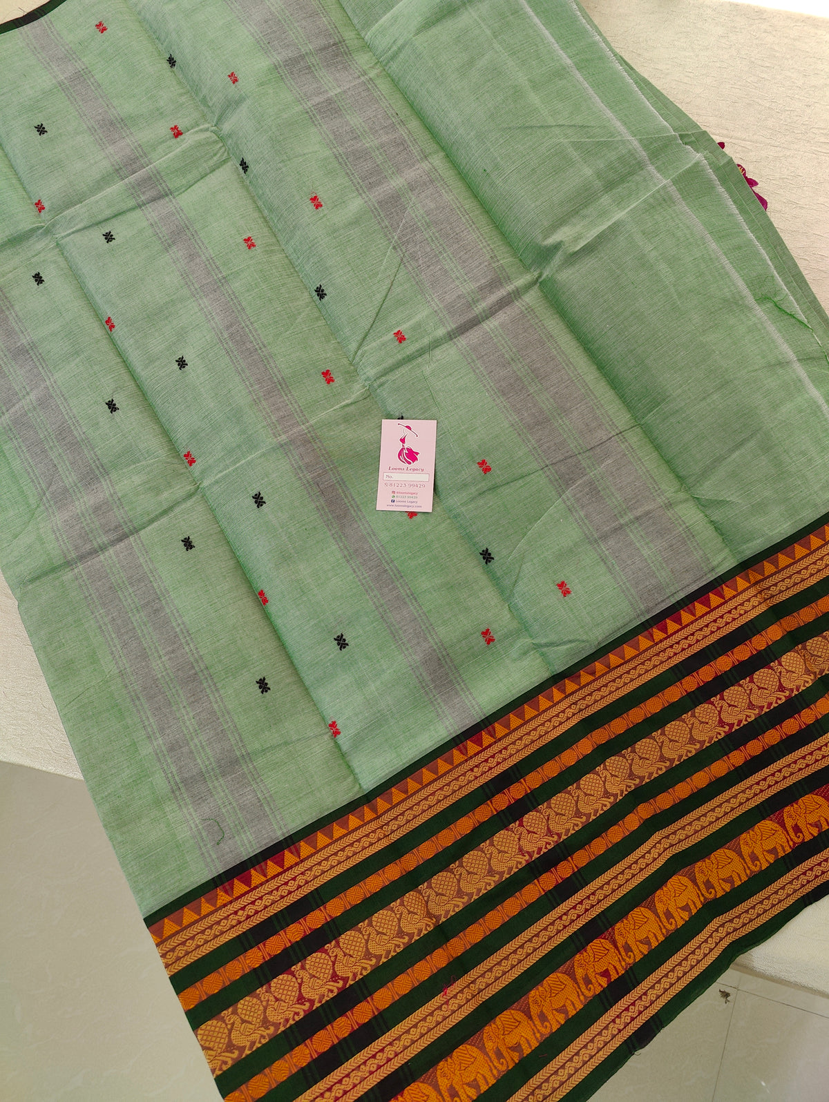 Lil Green with Dark Green Long Border Kanchi Cotton