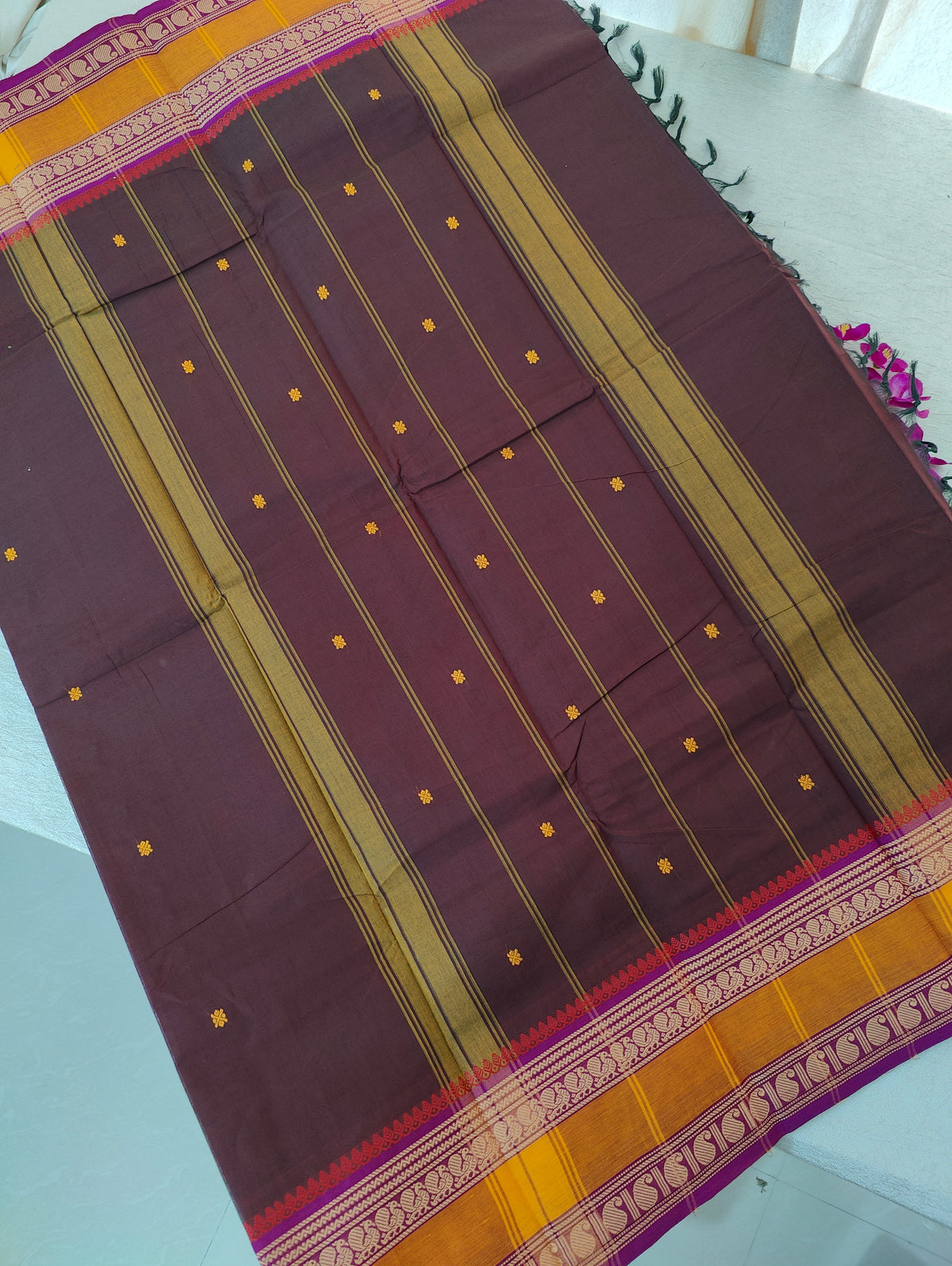 Dark Brown with Magenta Kanchi Cotton