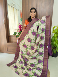 Cream with Purple Floral Print Pure Handwoven Tussar Silk Saree with Zari Border