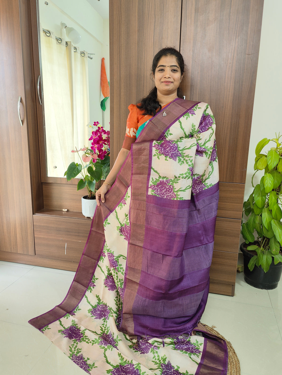 Cream with Purple Floral Print Pure Handwoven Tussar Silk Saree with Zari Border