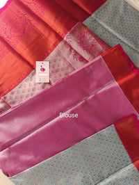 Pastel Blue with Dark Pink Copper Zari Weave Semi Kanchi Silk Brocade Saree