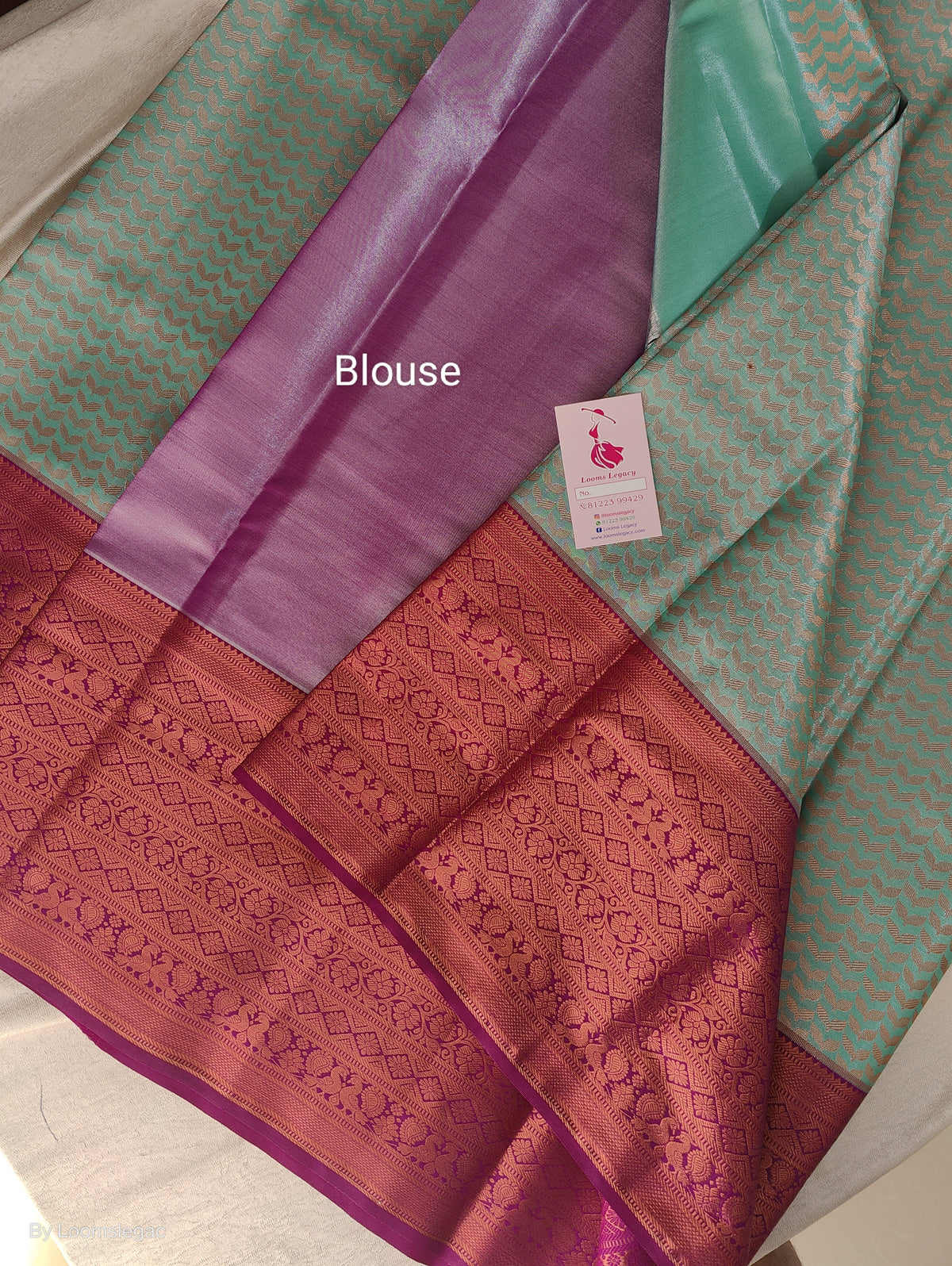 Sea Green with Magenta Copper Zari Weave Semi Kanchi Silk Brocade Saree