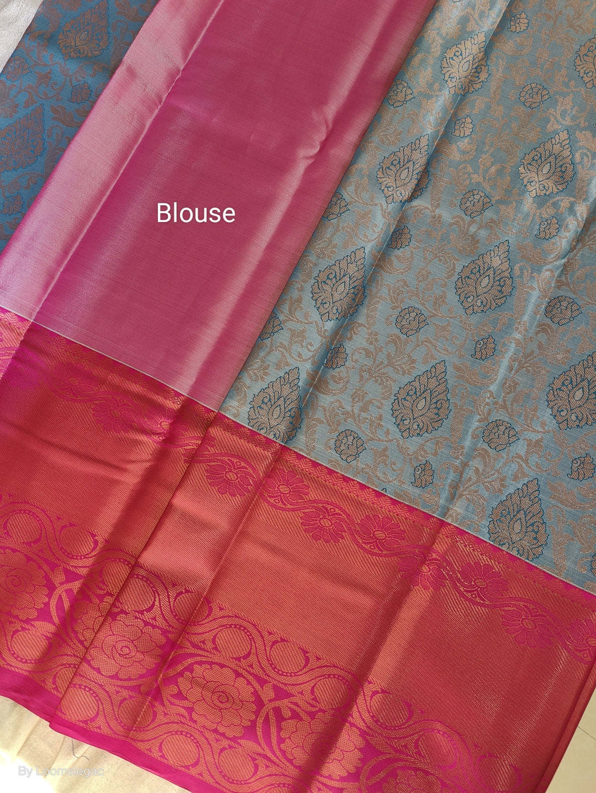 Blue with Pink Copper Zari Weave Semi Kanchi Silk Brocade Saree