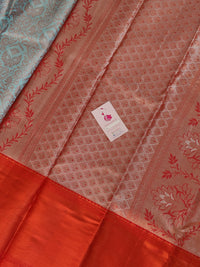 Blue with Red Copper Zari Weave Semi Kanchi Silk Brocade Saree