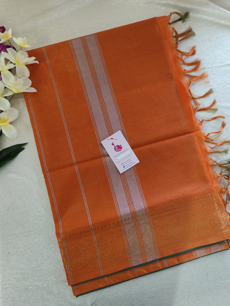 Grey cum Green with Orange Pallu Chinnalampattu Long Border Saree