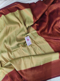 Pastel Green with Maroon Copper Zari Weave Soft Silk Saree