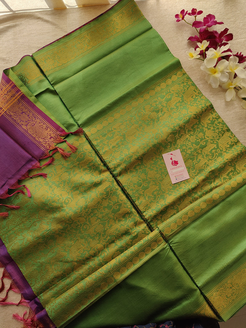 Green with Purple Vanasingram Pattern Chinnalampattu Border Saree