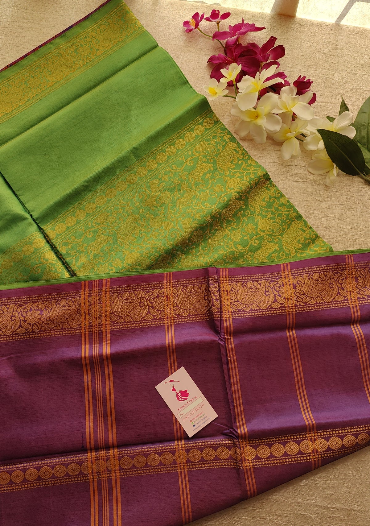 Green with Purple Vanasingram Pattern Chinnalampattu Border Saree