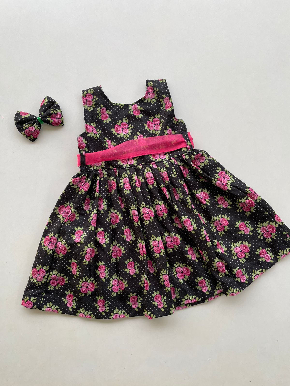 Black with Pink Floral Baby Frock 1-2y